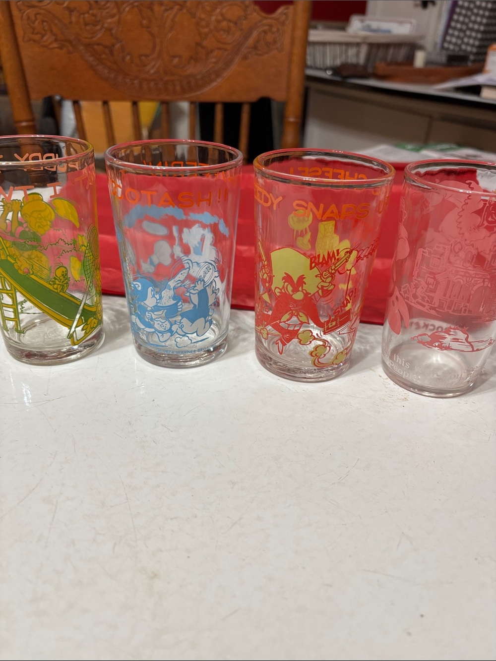 Vintage Cartoon Character Shot Glasses in Red, Yellow, Blue, Green